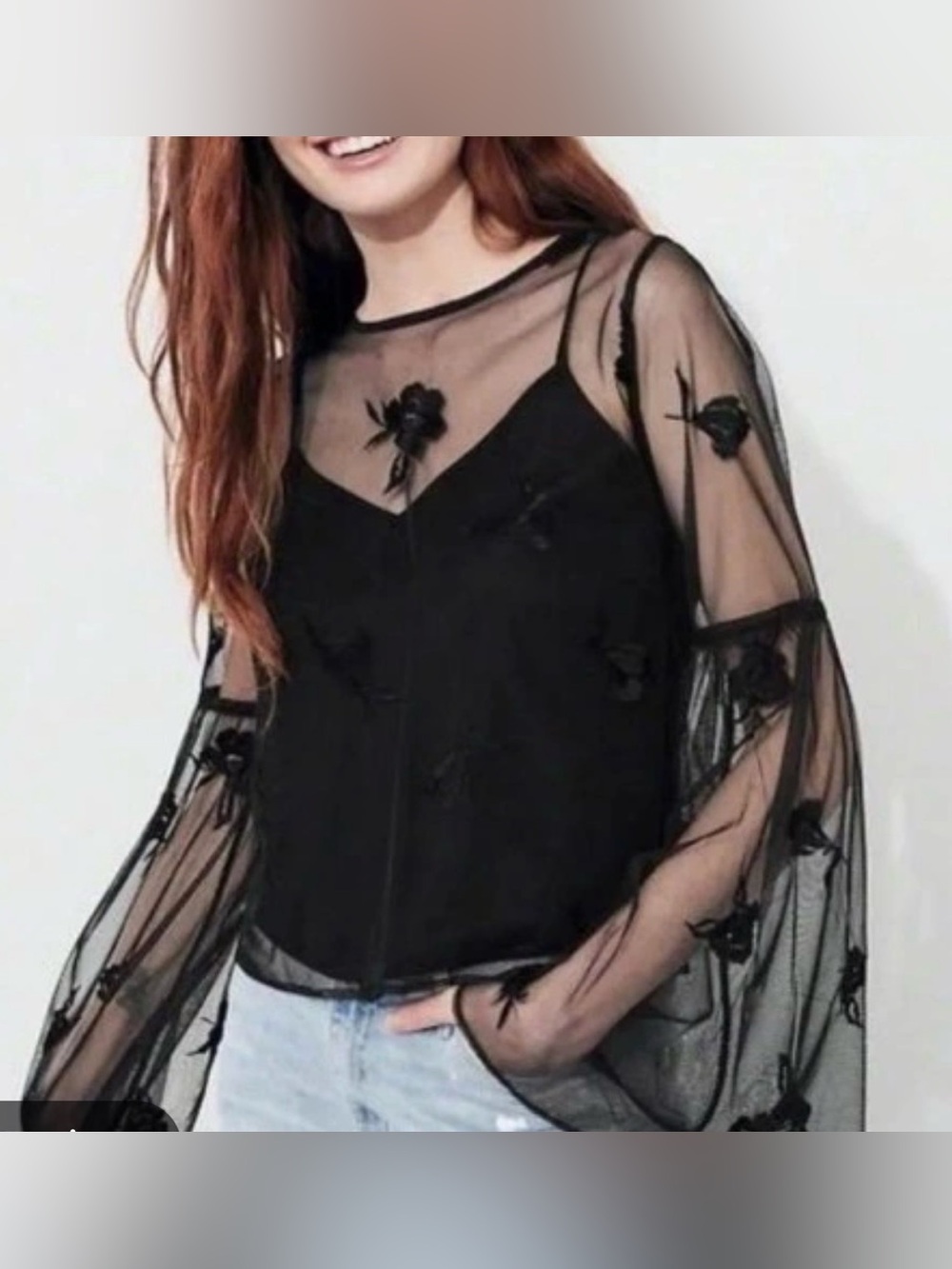 Hollister Sheer Mesh Floral Embroidered Top M Black Flared Bell Sleeve WitchyY2K